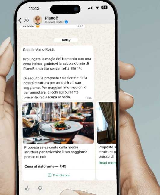 Conversazione WhatsApp: Hotea propone una cena al ristorante e altri servizi della struttura, con prenotazione diretta